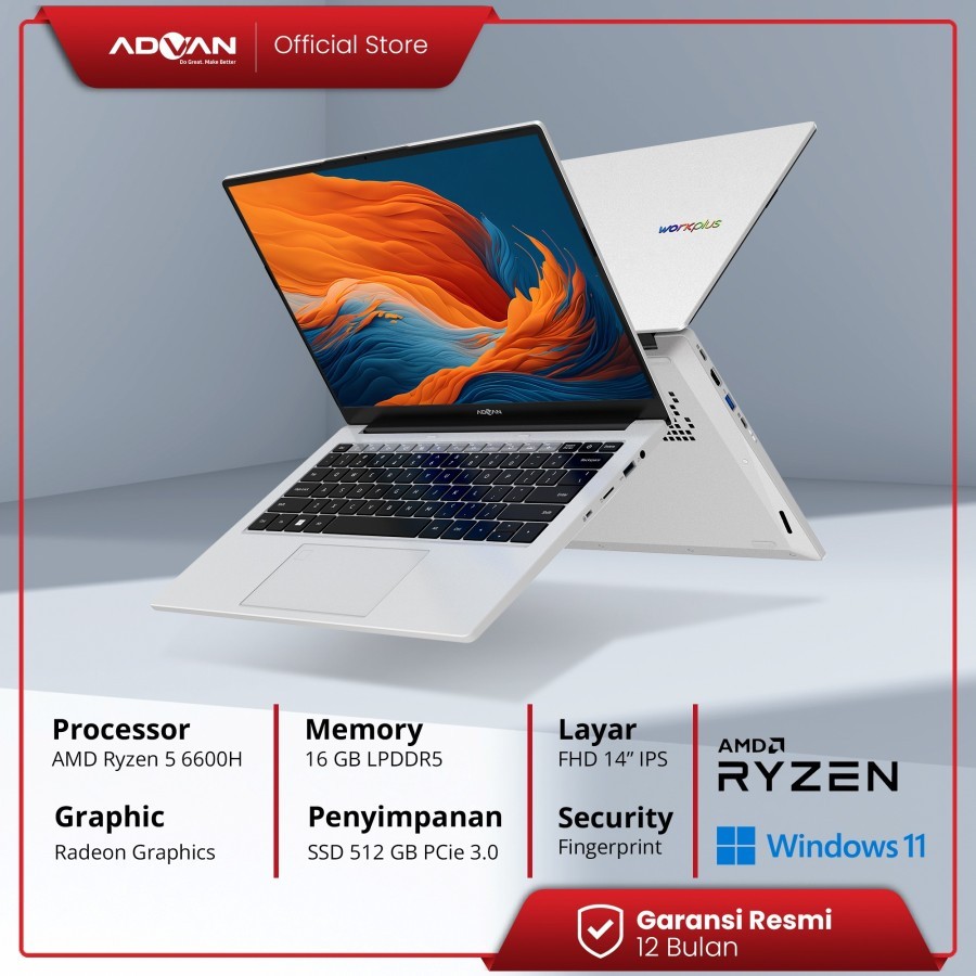 ADVAN Laptop Workplus AMD RYZEN 5 6600H 14'' FHD IPS 16GB 512GB Win 11