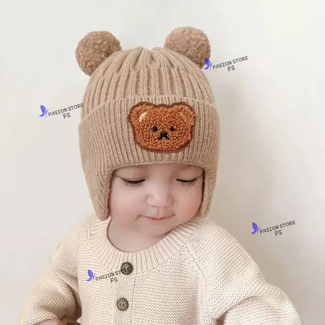 Topi kupluk bayi pompom beruang bear model kekinian topi bayi laki laki 6 12 bulan kupluk bayi laki 
