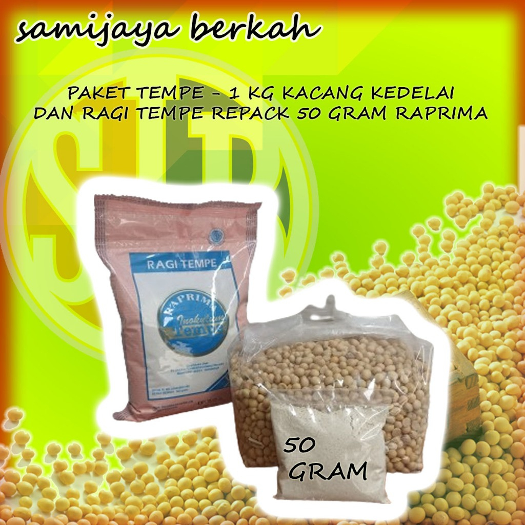 

PAKET TEMPE 1 - 1 KG KACANG KEDELAI DAN RAGI TEMPE REPACK 50 GRAM MERK RAPRIMA