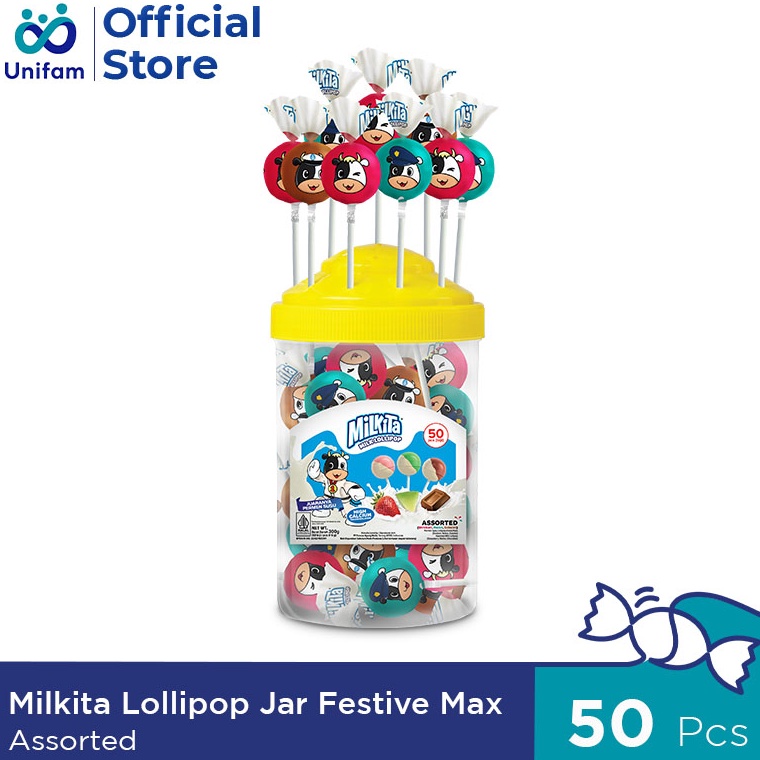 

87 Milkita Lollipop Jar Assorted Festive Max (1 Toples Isi 50pcs) - Toples Permen Lolipop Milkita Rasa Cokelat, Stroberi & Melon 95