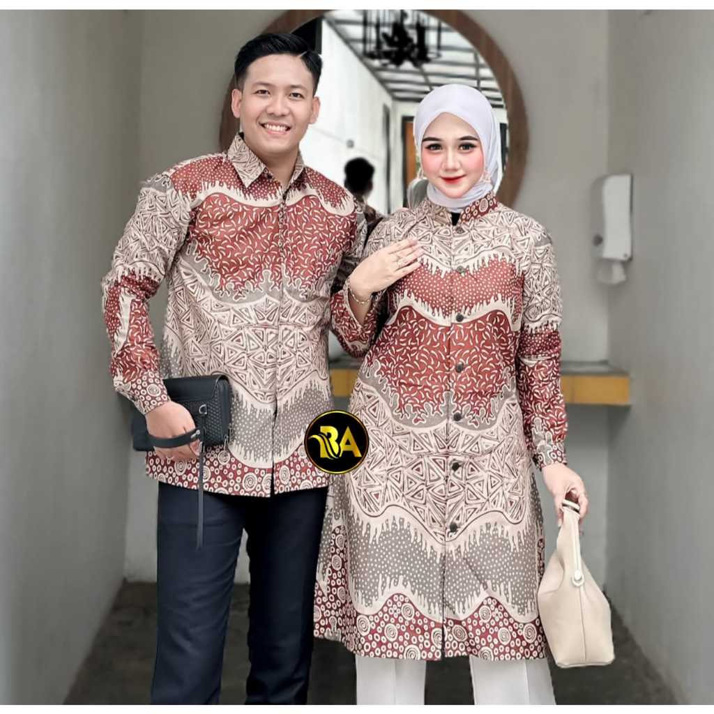 BYAN Batik Couple Terbaru Kemeja Batik Pria Lengan Panjang Dan Atasan Tunik Batik Asli Katun Halus M