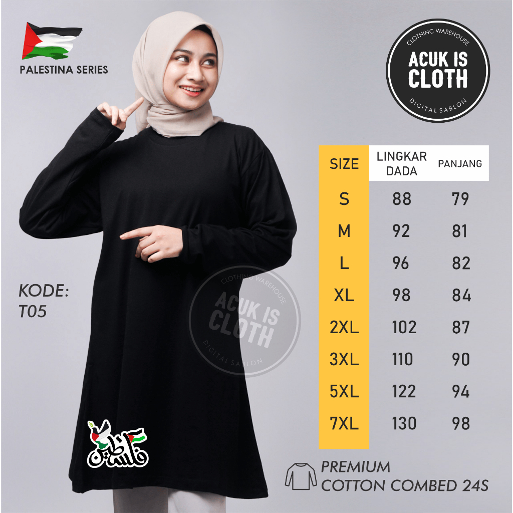 Kaos Tunik Palestina Premium - Kaos palestina Wanita (Hitam)