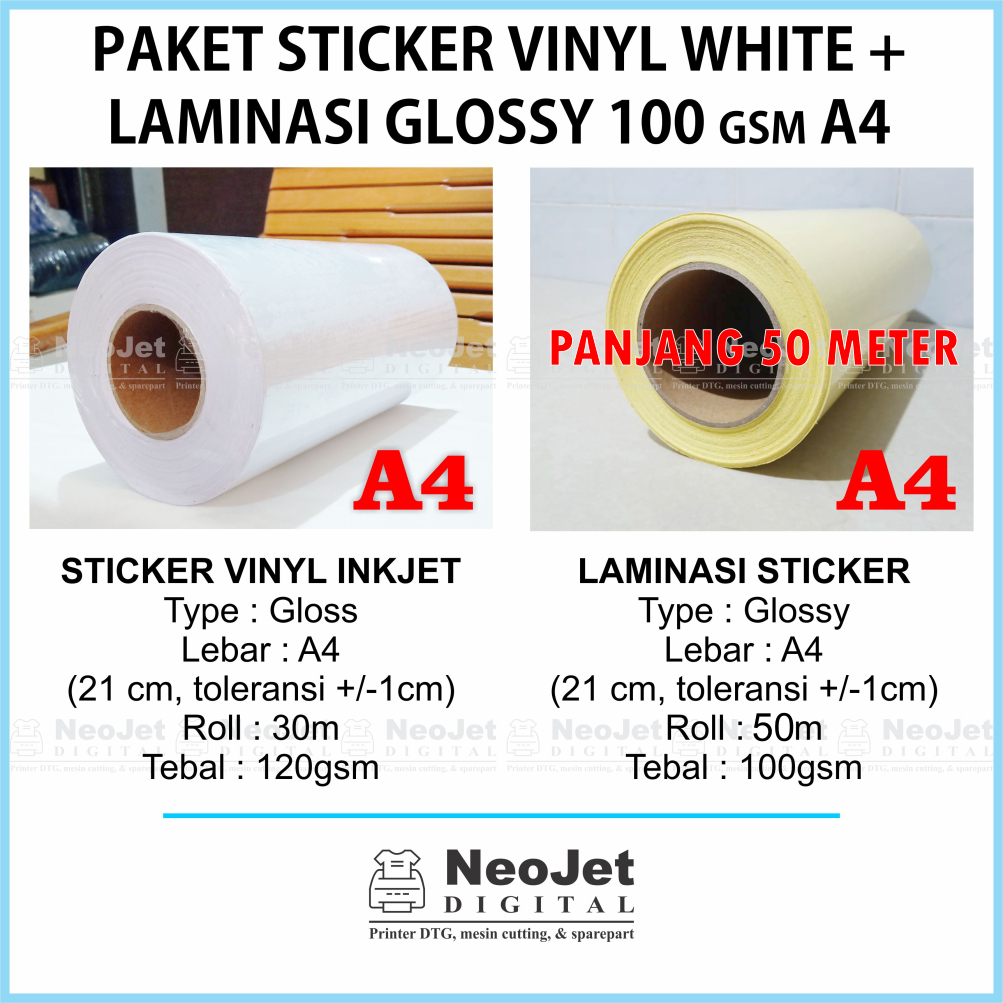 

Paket Sticker Vinyl Inkjet White Laminasi 100 gsm Glossy A4 Murah Ekonomis