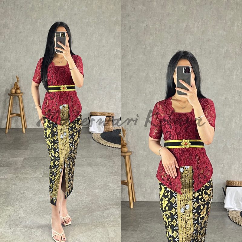Kebaya Bali Set Brukat Bianca Maron Lengan Pendek