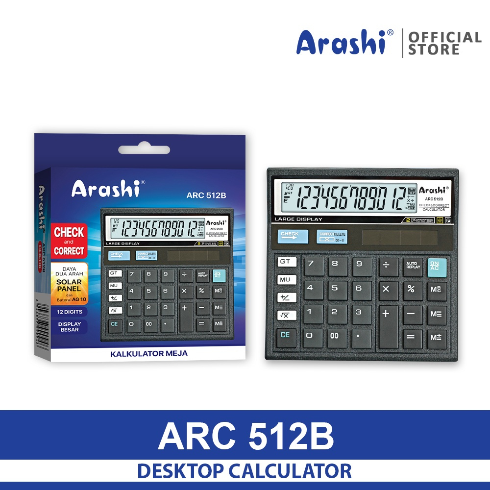 

Kalkulator Meja Dagang 12 Digit Check And Correct ARC 512B - Arashi Desktop Calculator