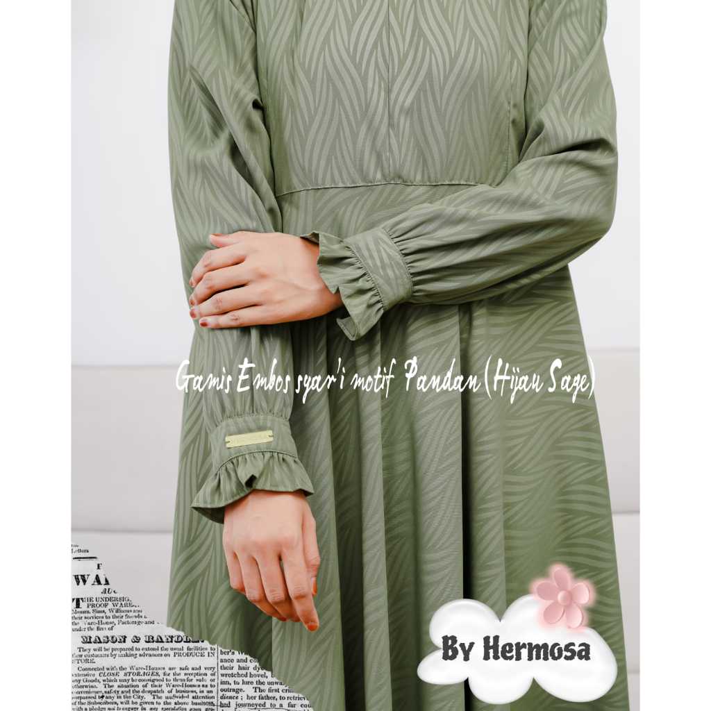 [Gamis hermosa] Gamis hermosa embos wolfis motif pandan sage green-gamis sage premium-gamis lebaran