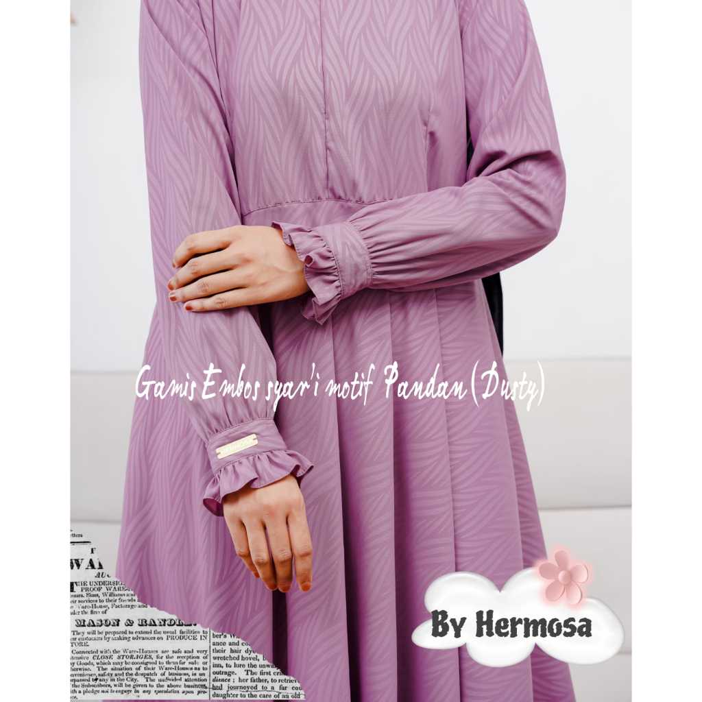 [Gamis hermosa] Gamis hermosa wolfis embos motif pandan dusty ungu-gamis dusty ungu premium-lebaran