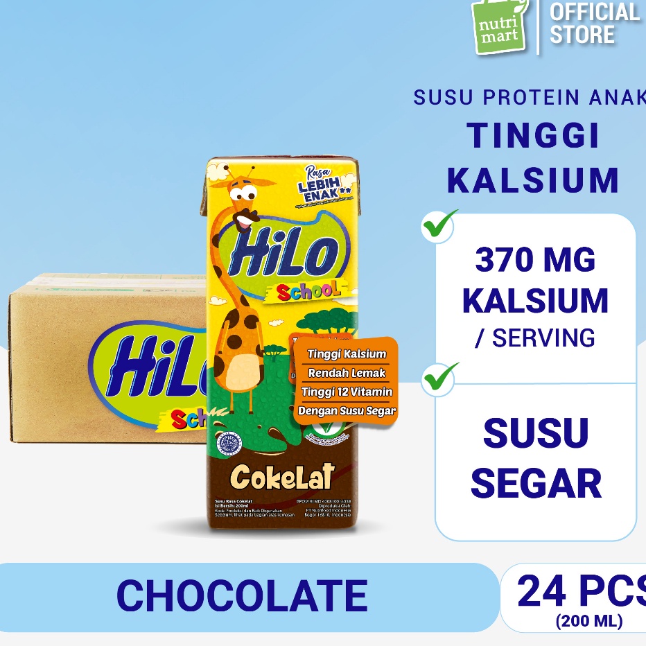 

[KODE AECKG] 1 Karton - HiLo School UHT Chocolate Ready To Drink RTD 200 ml (24 pcs) - Susu Tinggi Kalsium Rendah Lemak