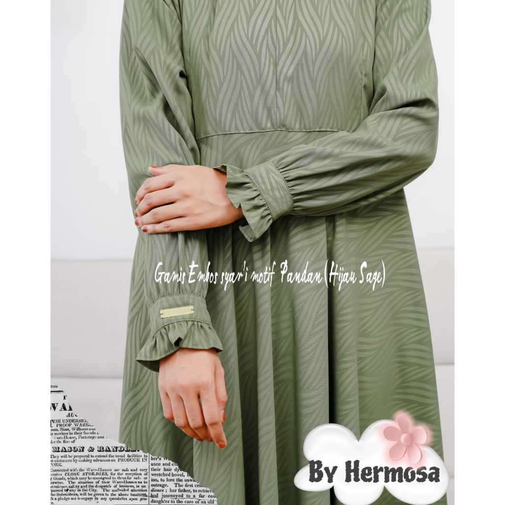 (Hermosa)Gamis hermosa wolfis embos motif pandan sage green-gamis sage green syari-gamis lebaran