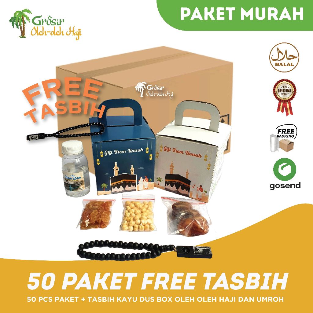 

Paket Oleh Oleh Haji dan Umroh dus Box FREE TASBIH KAYU isi 50 pcs