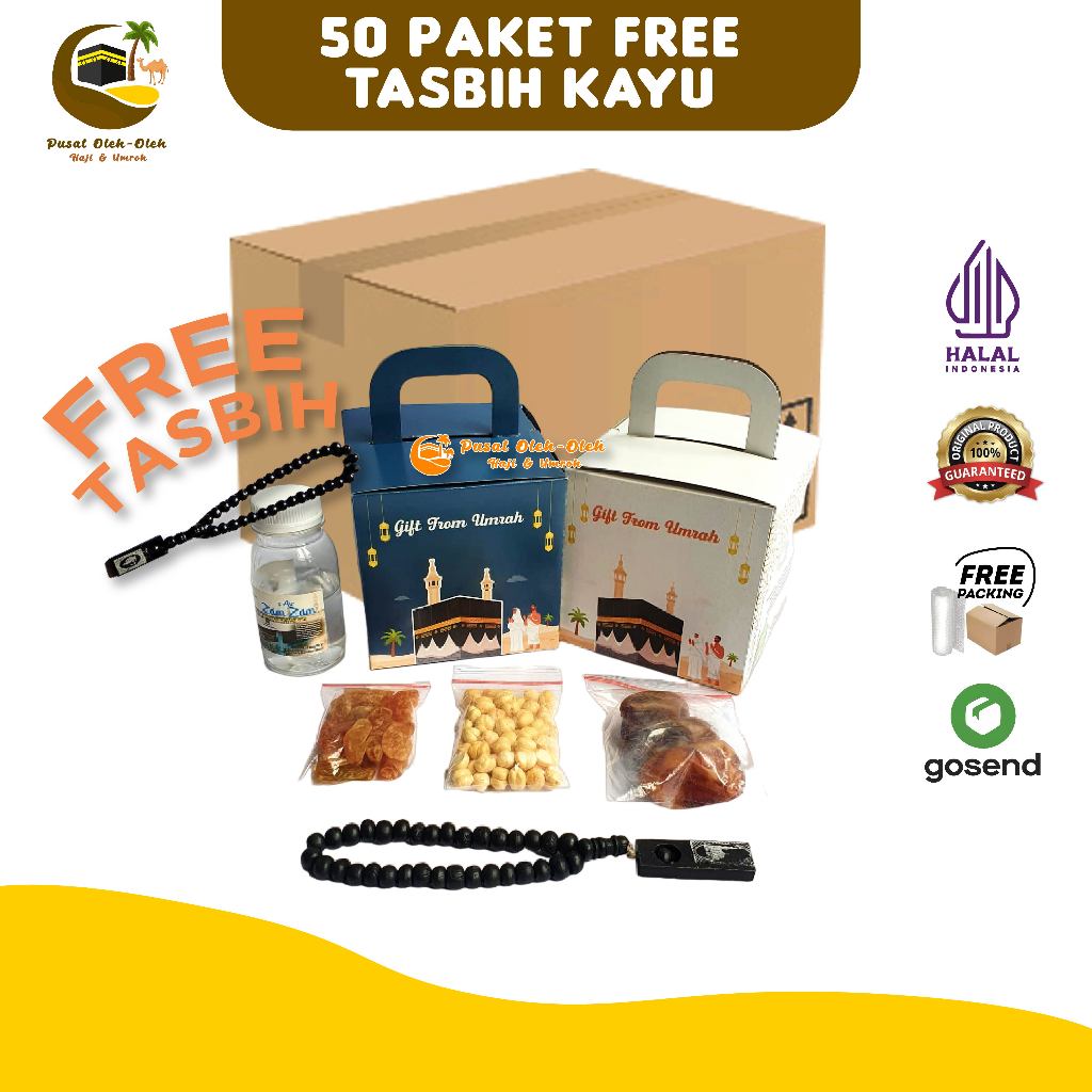 

Paket Oleh Oleh Haji dan Umroh dus Box FREE TASBIH KAYU per 50 pcs