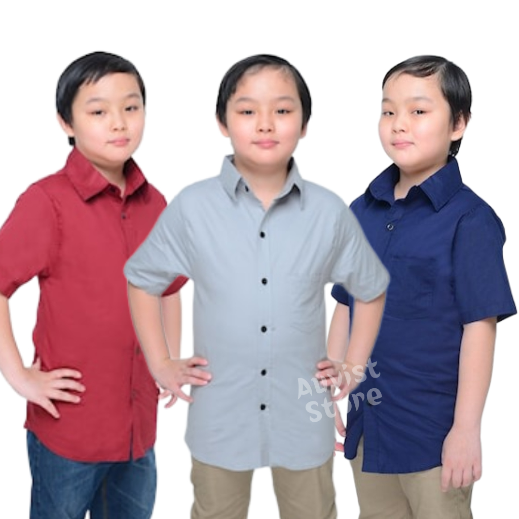 Baju Kemeja Hem Anak Laki Laki Lengan Pendek Motif Polos Usia 8 9 10 Umur 11 12 13 Tahun Bahan Katun