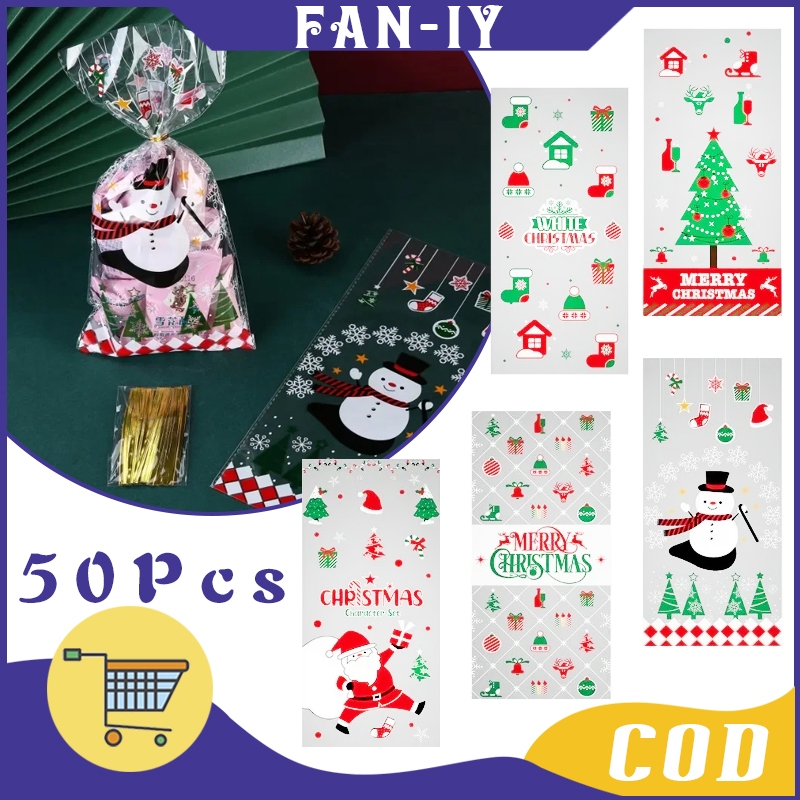 

50 Pcs Diy Tas Merry Christmas Kantong Plastik Natal Christmas Candy Goodie Bag Plastik Hampers Natal + 60 Dasi Berwarna Emas