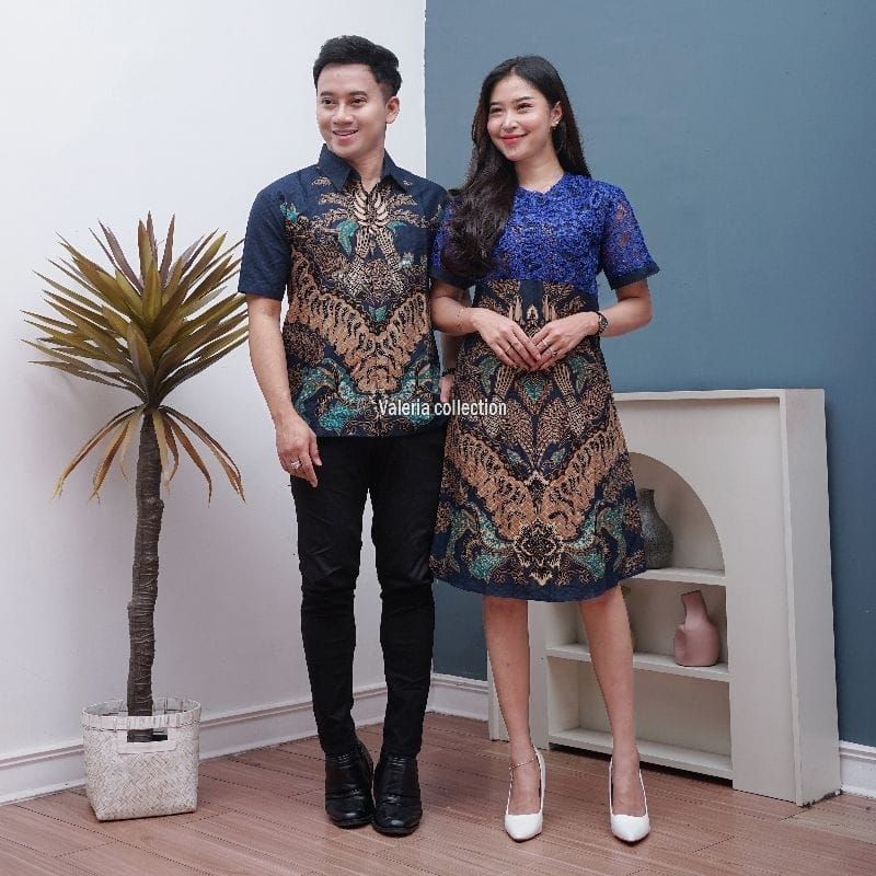 Baju Pesta Dress Brokat Motif Burung Walet Biru Baju Batik Couple Pria Wanita Lengan Pendek Pasangan