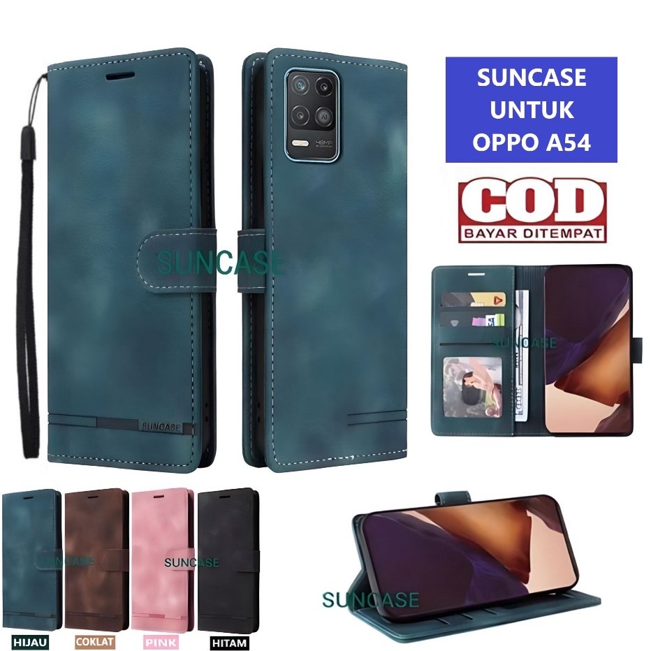 Diskon Casing OPPO A54 model flip buka tutup case kulit ada tempat foto dan kartu juga tali hp flip 