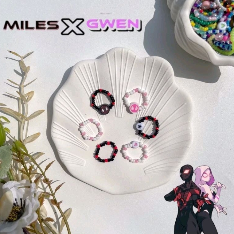 Cincin Couple Spiderman (2 Pcs) Miles Morales And Gwen Stacy Beads Ring Manik Mote Cincin Love Binta