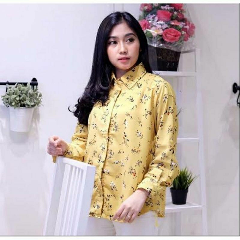 Baju Kemeja Wanita Chelly Kuning motif Bunga Flower