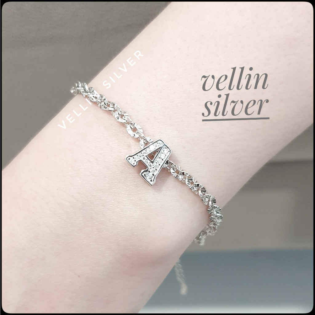 Gelang Perak Wanita 925 Asli Silver Lapis Emas Putih - Gelang Huruf Abjad Alphabet Silver 925