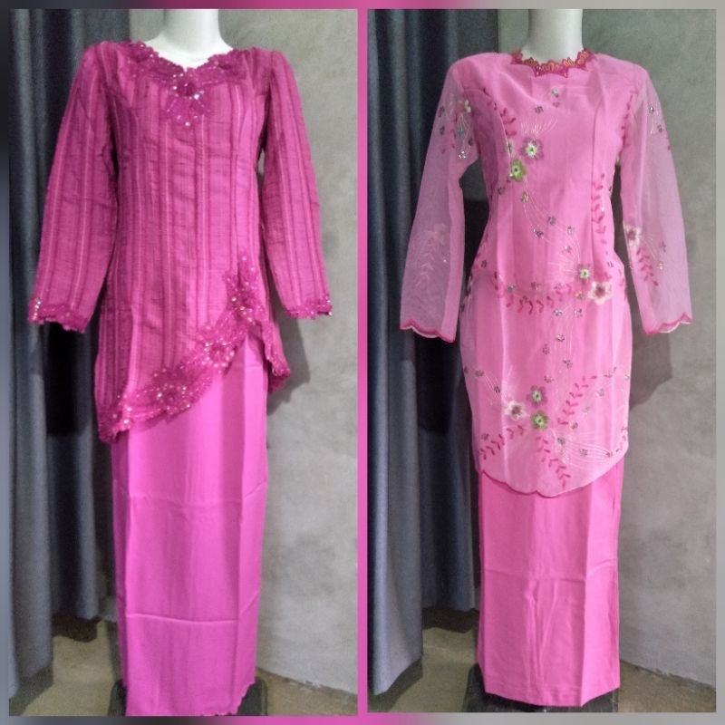 Set kebaya brukat pl warna pink muda dan pink fuchia