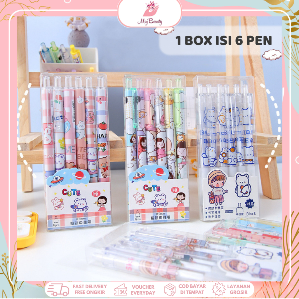 

MSY 1 Pack Pen Gel Kartun Lucu Unik isi 6pcs/Murah Bermotif Lucu/Berkarakter unik