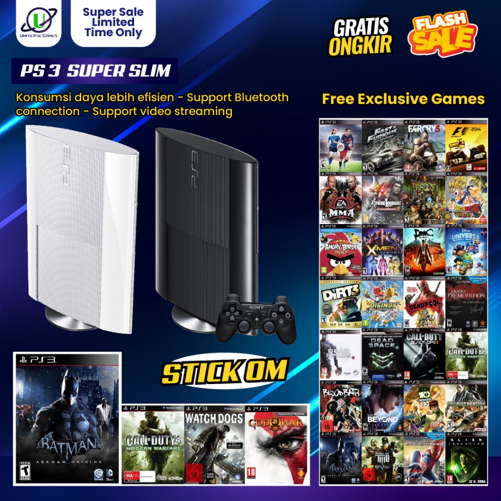 PS3 SuperSlim Second Hen Bundle Stick Original Mesin Hdd 1Tb / 500Gb / 320Gb / 250Gb / 160Gb - Plays