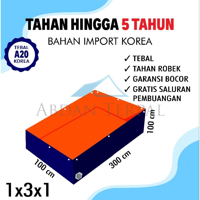 Kolam Ikan Terpal Full Set Kotak Ukuran 100x300x100/300x100x100/1x3x1/3x1x1 Bahan Plastik Premium By