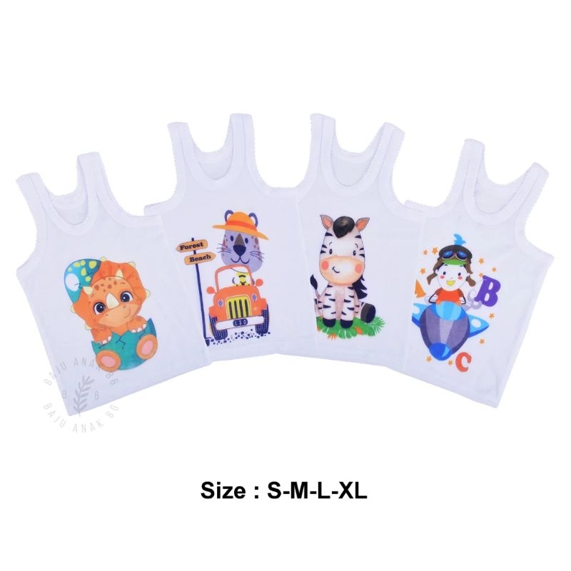 12pcs Singlet Anak 1-6 tahun cowok/cewek Gambar kartun putih ukuran BAYI/S/M/L/XL terlaris/Singlet a