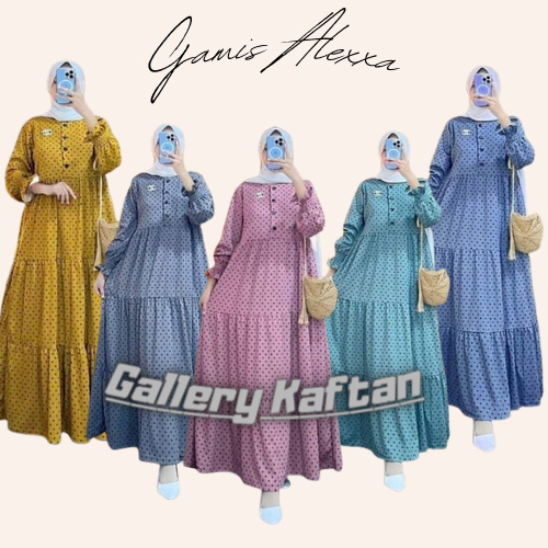 GAMIS ALEXXA MOTIF POLKADOT JUMBO LD 120 KANCING DEPAN BAJU DRESS WANITA MUSLIM FASHION TERBARU BAHA