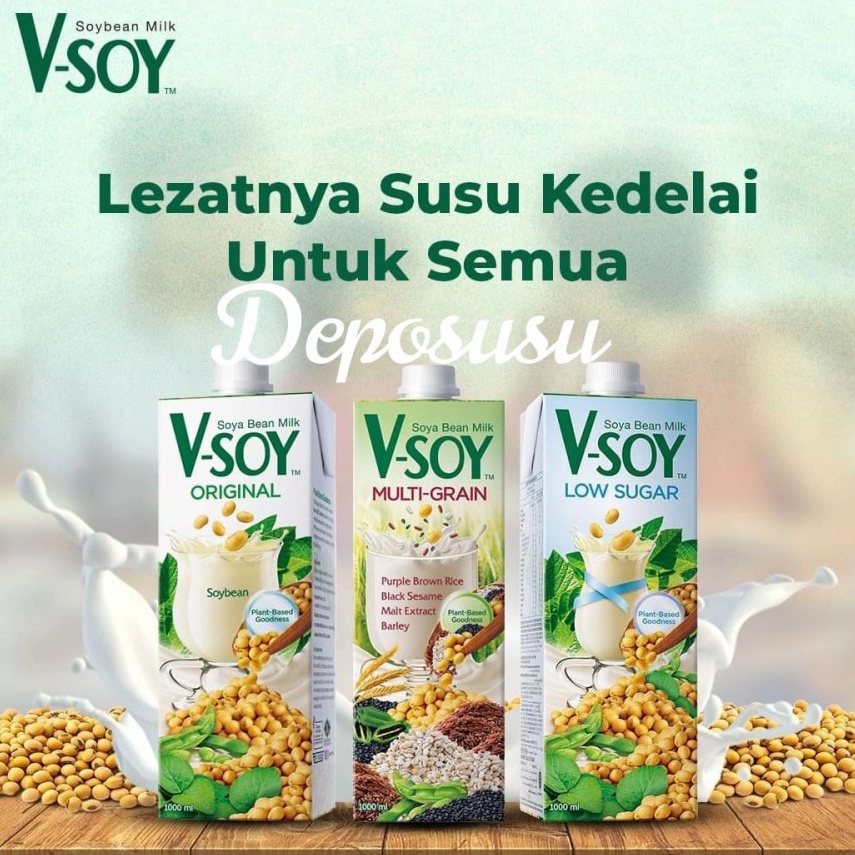 

87LBP Vsoy Soya Bean Milk V-soy ORIGINAL / MULTIGRAIN / LOW SUGAR rendah gula /GOLDEN GRAIN 1Liter hbqtb