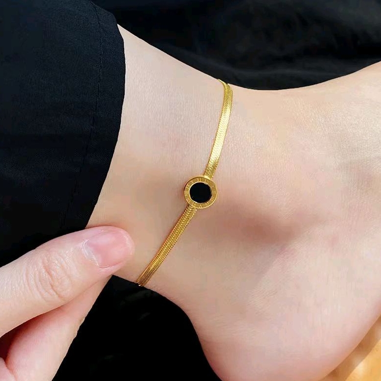 GELANG KAKI RANTAI PIPIH TITANIUM BVFGARI PLAT HITAM GELANG KAKI TITANIUM FASHION WANITA KOREA IMPOR