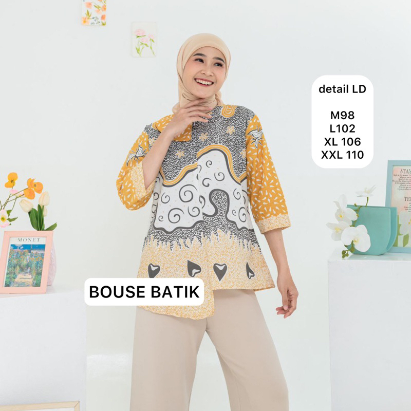 Blouse Batik Kuning Love wanita Lengan panjang Bahan katun