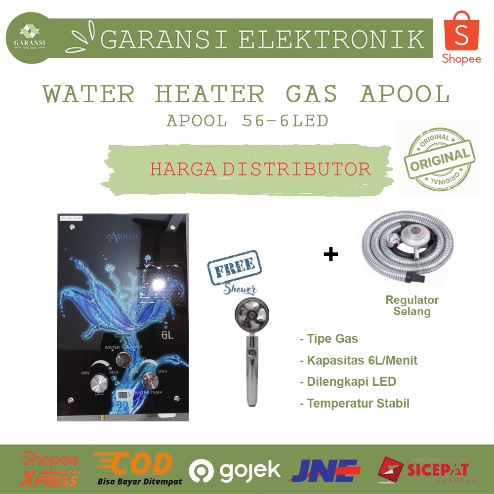 APOLLO WATER HEATER GAS KACA 56 6 LED PEMANAS AIR KAMAR MANDI KAPASITAS 6 LITER DENGAN FITUR LED MUL