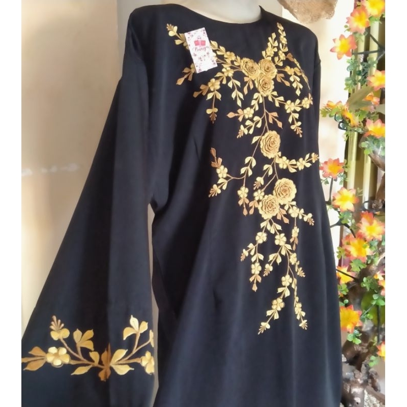 Abaya Bordir Kembang Bunga Timbul warna Hitam Gold