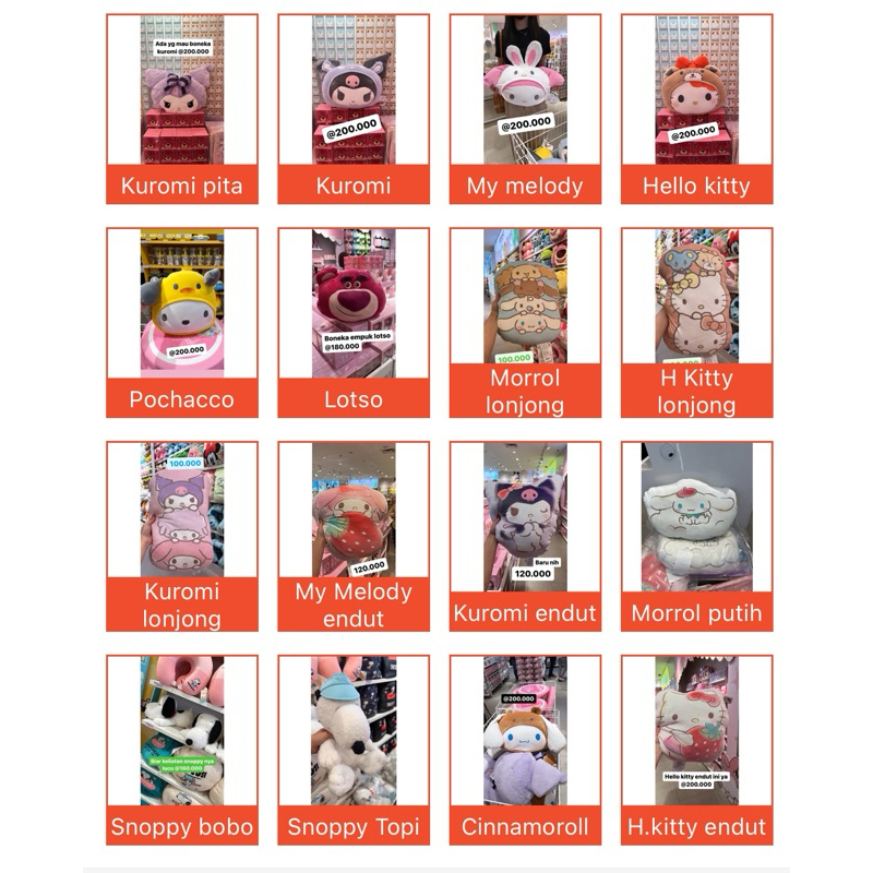 Boneka bantal Sanrio X miniso X sanrio | kuromi | My melody | pochacco | Hello kitty | Snoppy | cinn