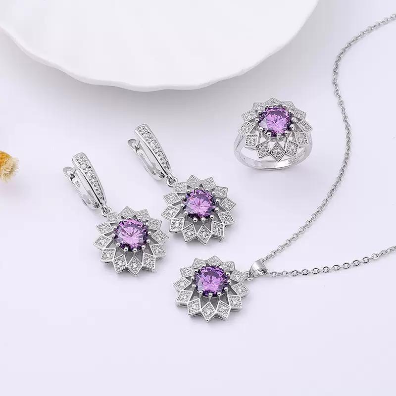V.JS 04 -Set Perhiasan Wanita Elegan Batu Zircon Ungu – Kalung, Anting & Cincin Viona