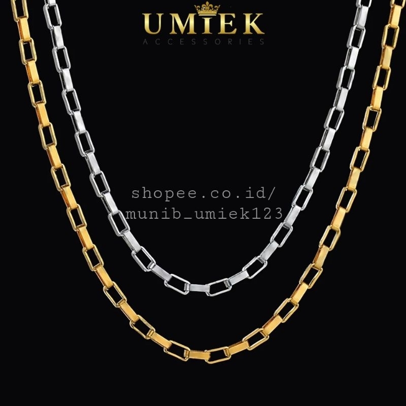 Kalung Pria Wanita Titanium Rantai asli kotak persegi Rante emas gold kuning silver perak putih panj