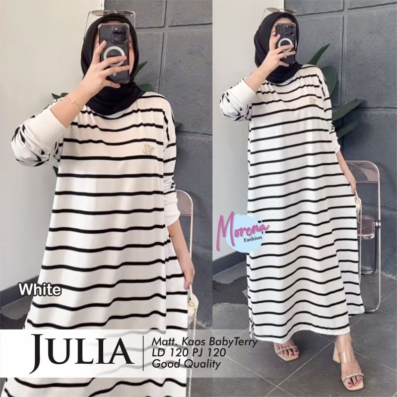 Julia Dress Maxy Gamis Salur Garis Kaos Babyterri Ld 120 Jumbo Fit XXXL By Morena