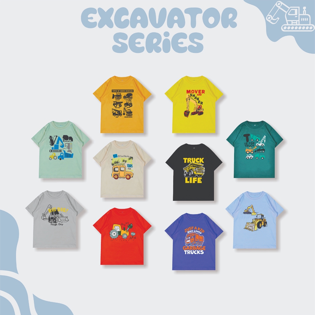 kaos anak laki laki perempuan distro excavator series tema eskavator alat kontruk berat Original Kid