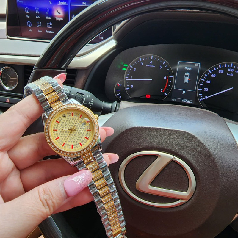 BISA COD ,,Jam Tangan Wanita Rolex Plat Balok Tanggal Aktif Fullset Box Original Paperbag Kartu Gara