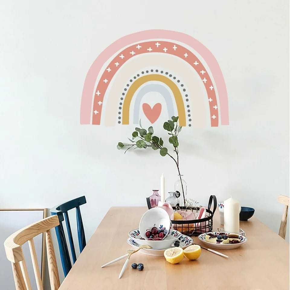 Stiker dinding kamar tidur anak pelangi aesthetic bohemian rainbow pink gambar tempel tembok nursery