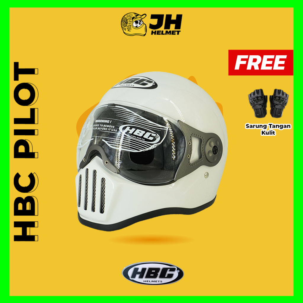 Helm Cakil HBC Pilot Polos White | Original 100% | HBC Cakil | Helm Retro | Helm Full Face | Helm HB