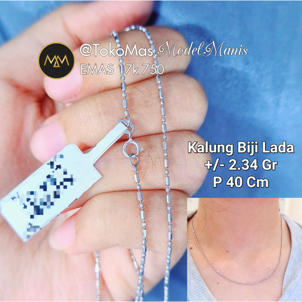 Kalung Biji Lada Pipa Emas Putih 750 Kadar 17k
