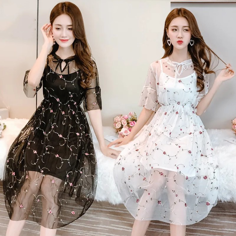 2024 Dress Korea Import Asli Model Brukat Hitam Putih