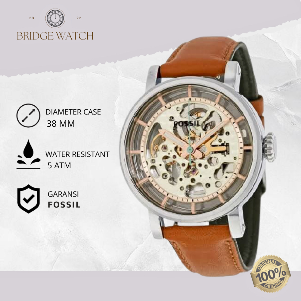 Jam Tangan Wanita Fossil ME3109 Original Automatic Skeleton Boyfriend Analog Brown Leather Strap Kul