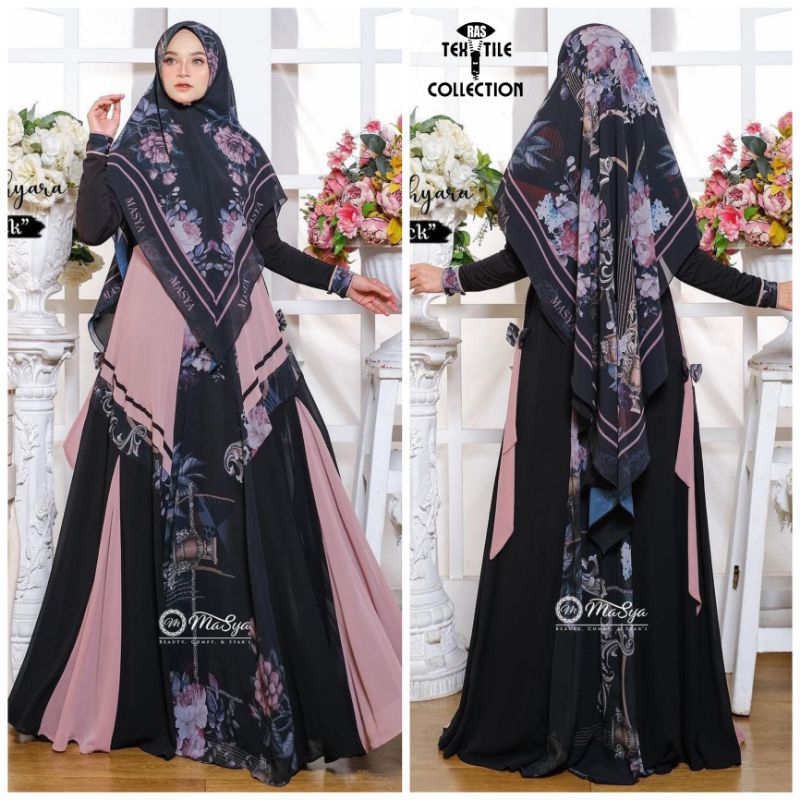 Set Gamis Dress Ceruty Babydoll Syari Branded Printing Hitam - Black - Cream Mewah Masya Syari Origi