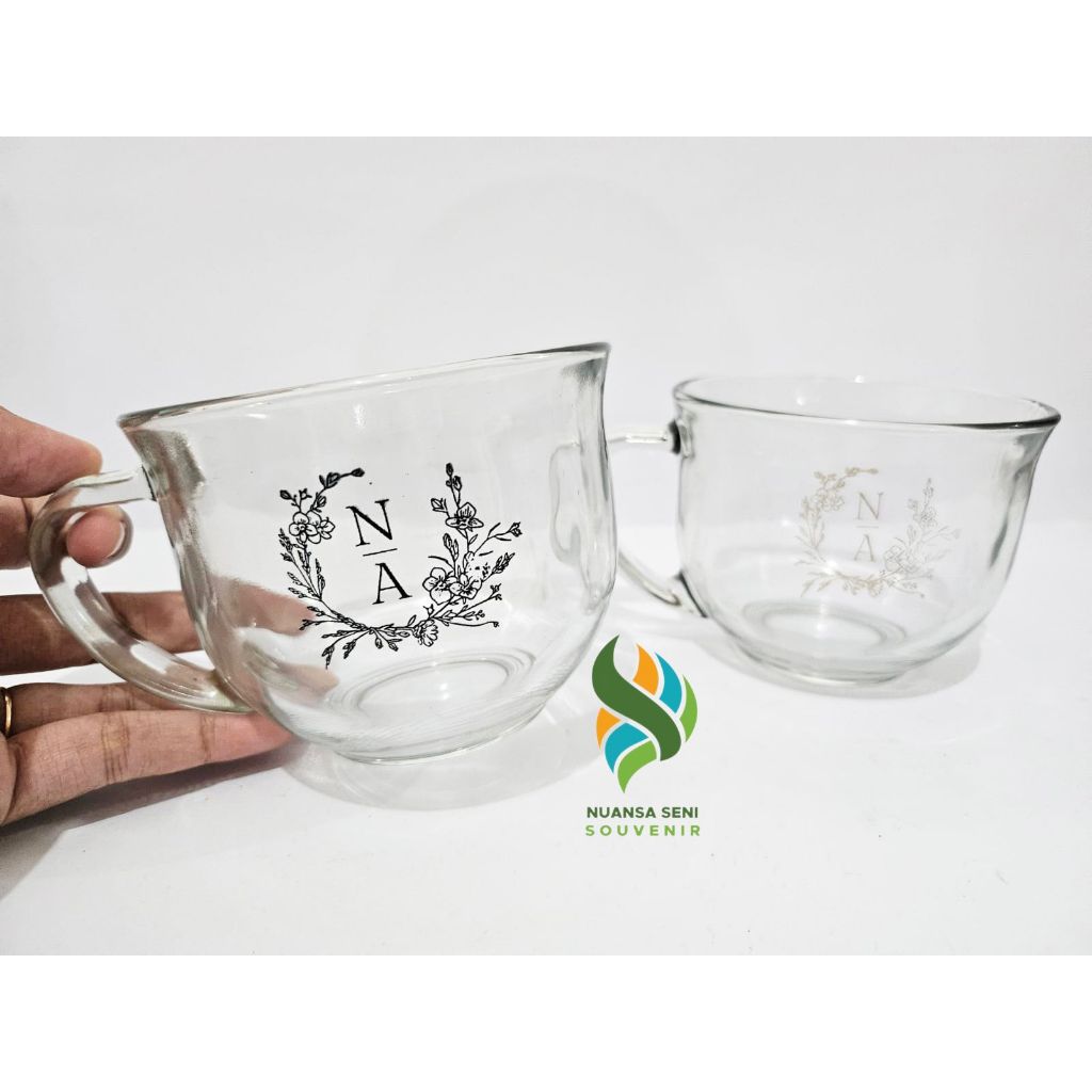 Souvenir Pernikahan Cangkir Cereal Gelas Cup Tea Gagang Kaca Jumbo Mug Minum Gelas Jus Beling Sablon
