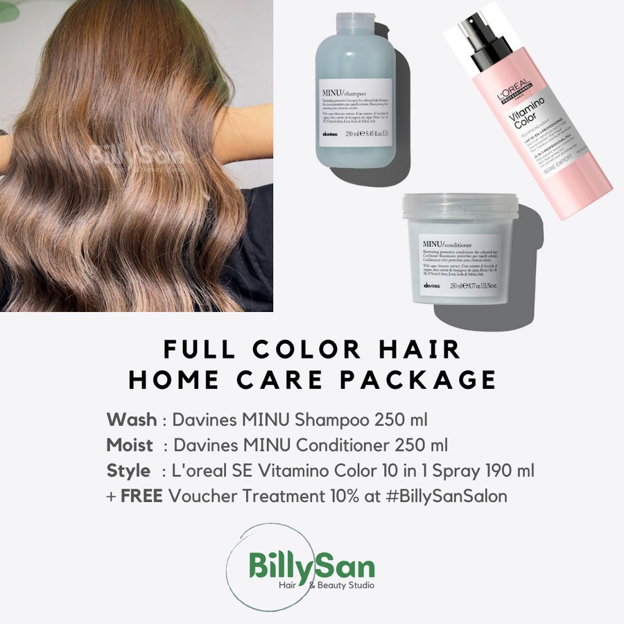 

Paket Perawatan Rambut Warna / After Hair Color Home Care Treatment - Davines MINU Shampoo, Conditioner, L'oreal SE Vitamino Color 10 in 1 Spray