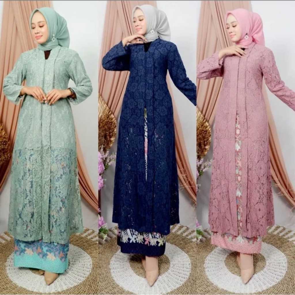 TERLARIS Setelan Kebaya Modern Long Tunik Model FLoy//Kebaya Brokat Busui Resleting Depan