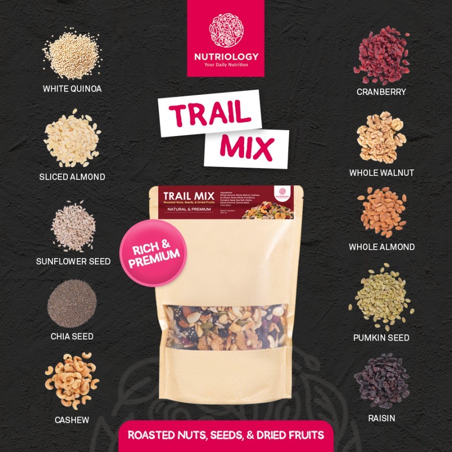 

Trail Mix Nutriology 250Gram - Roasted Nuts, Seeds, & Dried Fruits