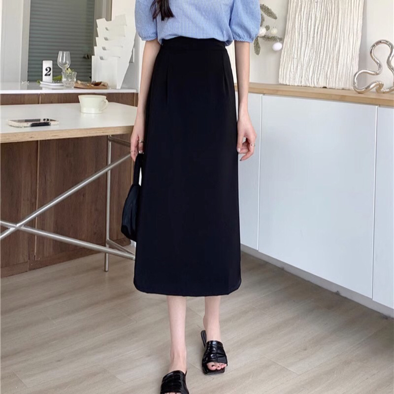 Rok A-line Korea/rok dasar panjang sedang kasual/rok panjang hitam